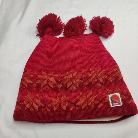 Vtg Husky 3 peak Pom Pom Red Snowflake Fair Isle Ski Hat Beanie Made in Finland - Picture 1 of 8